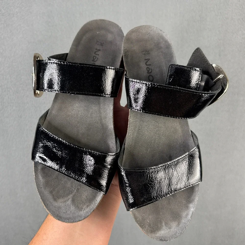 Naot Innovate Black Patent Leather Wedge Slide Sandals Large Buckle Size 38 7